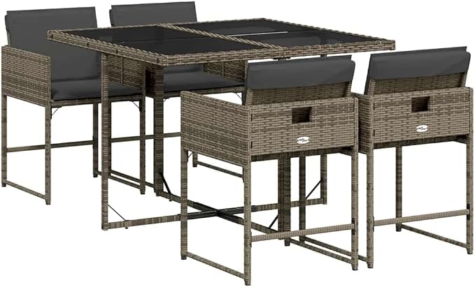 5 Piece Patio Dining Set with Cushions Gray Poly Rattan Outdoor Porch Furniture Table and 4 Chairs with Tempered Glass Space Saving Foldable Design, UV Protected, Weatherproof Garden Backyard Deck