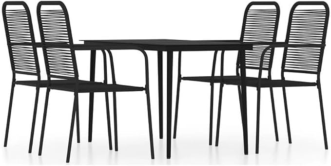 Afuera Living Powder-Coated Steel Patio Dining Set, 5-Piece, Black Finish, Rectangular Table with Tempered Glass Top, 4 Chairs with Cotton Seats, Weather-Resistant Outdoor Furniture for Garden or