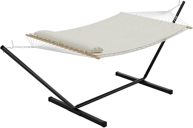 Double Hammock with Stand, Cotton Rope Hammock with Polyester Pad and Pillow, 450LBS Capacity,Large Hammock for Patio Backyard Poolside - Off White