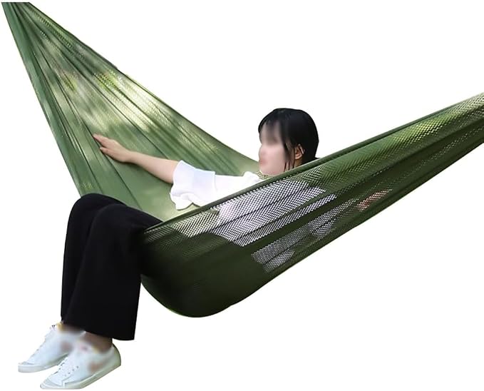 Summer Breathable Ice Silk Hammock, Outdoor Portable Double Hanging Bed, Park Leisure Swing with Straps, Load Bearing 300kg/661.4lbs(Military Green)