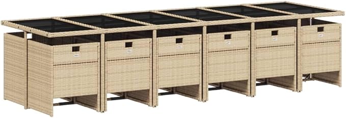 13 Piece Patio Dining Set with Cushions Beige Poly Rattan Outdoor Dining Table for 12 People Garden Furniture Set with Foldable Chairs Tempered Glass Top UV Proof Space Saving for Backyard Poolside