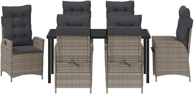 Afuera Living 7-Piece Poly Rattan Patio Dining Set, Black Finish, Glass Tabletop, Adjustable Cushions, Weather-Resistant, Ergonomic Design, Comfortable Outdoor Seating for Garden, Porch, or Backyard