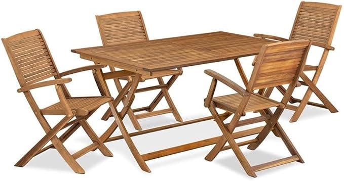 Pemberly Row 5-Piece Patio Dining Set, Rectangular Table and Foldable Chairs, Natural Oil Finish, Contemporary Outdoor Furniture, Compact Design for Modern Patios and Small Gatherings