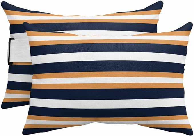 Stripes Outdoor Pillows for Chaise Lounge Chair Set of 2 Orange Navy Blue Stripe Modern Abstract Minimalist Waterproof Lumbar Patio Pillows with Insert & Adjustable Elastic Strap for Recliner Beach