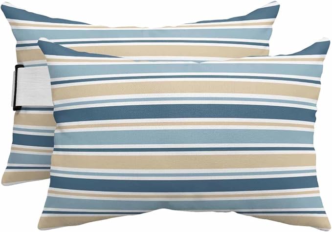 Pack of 2 Outdoor Lumbar Pillow Covers 12x20 Inch, Khaki Blue Striped Waterproof Throw Pillow Covers Set, Farmhouse Stripes Modern Abstract Art Outside Decorative Cushion Cases for Patio Porch Car
