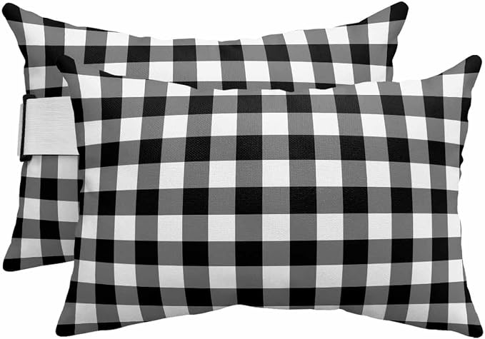 Pack of 4 Outdoor Lumbar Pillow Covers 12x20 Inch, Black White Plaid Waterproof Throw Pillow Covers Set, Gradient Geometric Buffalo Checkered Indoor&Outdoor Cushion Cases for Patio Porch Beach