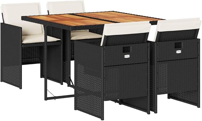 5 Piece Patio Dining Set with Cushions Black Poly Rattan Outdoor Table and 4 Chairs for Garden Backyard Porch Dining Space Saving Foldable Comfy Seat UV Proof