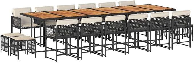 17-Piece Outdoor Dining Set, 16-Seater Garden Table and Rattan Chair Furniture for Patio Backyard Terrace, Weather Resistant Black and Cream White