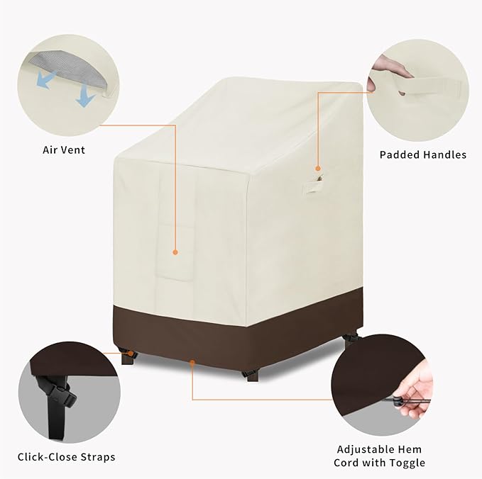 Easy-Going Heavy Duty Outdoor Stackable Chair Cover, Waterproof Patio Chair Cover, Windproof Outdoor Furniture Cover with Air Vent (2 Pack-28Wx36Dx47H inch, Beige/Dark Brown)