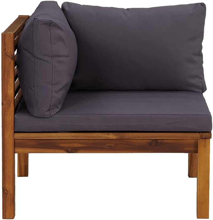 Sectional Corner Sofa with Dark Gray Cushions, Solid Acacia Wood Single Corner Sofa Chair, Outdoor Conversation Set Sectional Sofa Chair for Porch, Deck, Backyard,-425