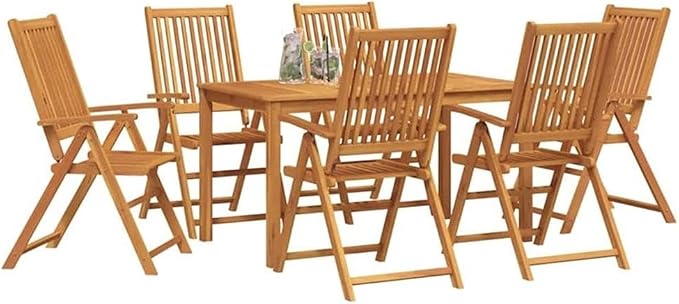 Afuera Living Contemporary 7 Piece Steel Garden Dining Set, Solid Acacia Wood and Brown Finish, Foldable Design, Outdoor Patio or Garden Furniture, Rectangular Dining Table and Chairs for 6