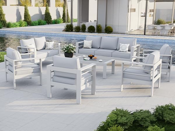 Aluminum Patio Furniture Set, 10 Piece Metal Outdoor Furniture Sets, Patio Set with Waterproof Covers for Backyard Garden（White）