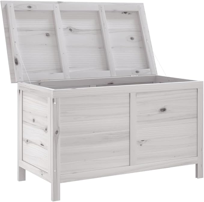 White Outdoor Storage Box 39x19.5x23 Inch Solid Fir Wood Patio Furniture Cushion Organizer with Slatted Bottom for Garden Toys Deck Backyard