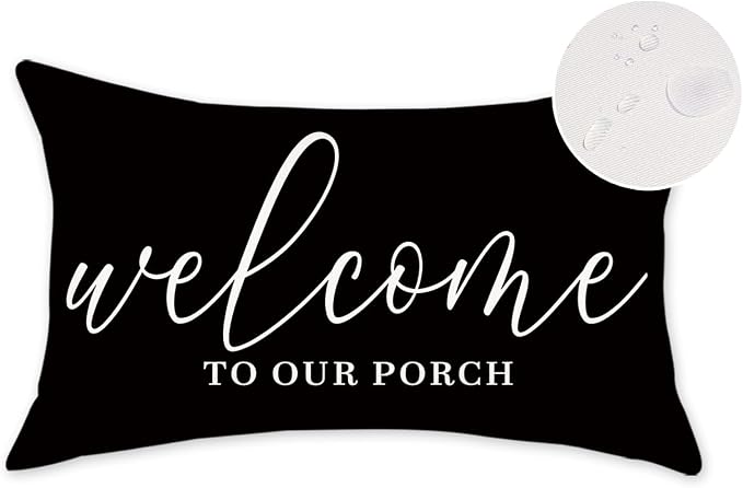 ONWAY Black Outdoor Welcome Throw Pillow Covers 12x20 Inch Waterproof Black and White Decorative Cushion Cover for Patio Furniture Garden Spring Summer Decor