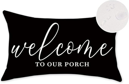 ONWAY Black Outdoor Welcome Throw Pillow Covers 12x20 Inch Waterproof Black and White Decorative Cushion Cover for Patio Furniture Garden Spring Summer Decor