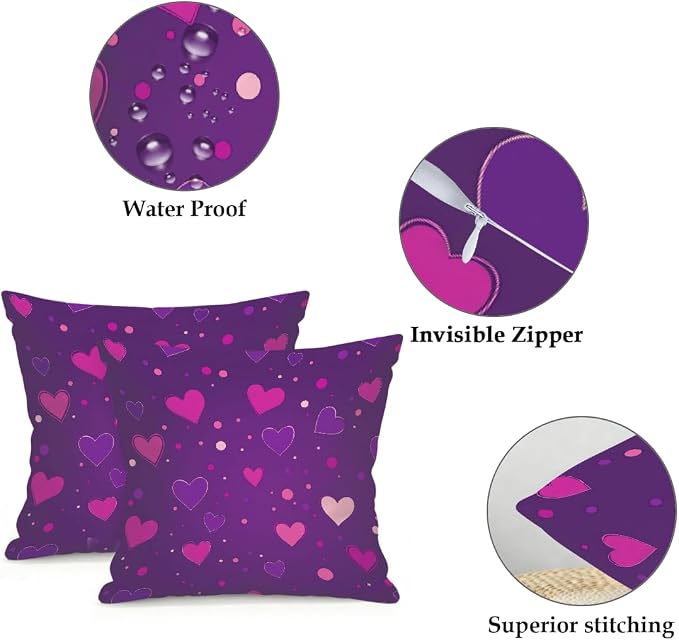 20x20 Inch Outdoor Pillow Covers Set of 2 Waterproof Throw Pillow Covers Decorative Couch Cushion Covers Hearts Dots Pink Purple Square Pillowcases Protectors for Patio Garden Sofa