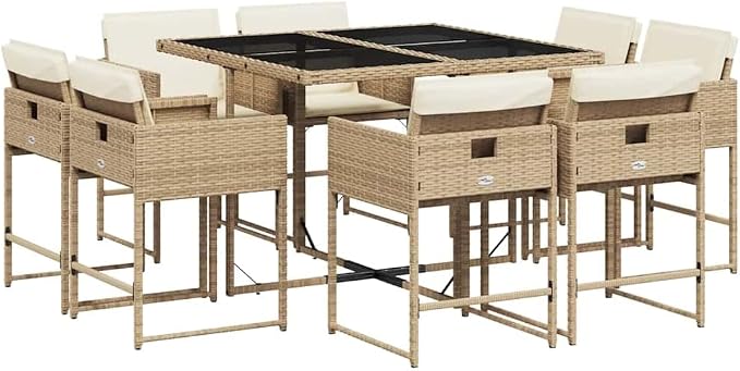 9 Piece Outdoor Rattan Patio Dining Set with Cushions Beige PE Wicker Garden Table and 8 Folding Chairs for Backyard Lawn Poolside