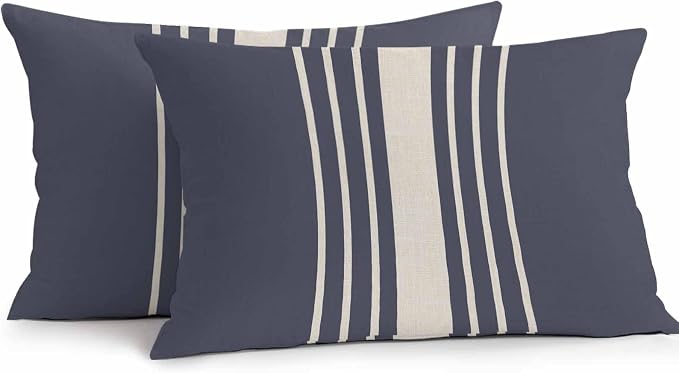 Vandarllin Outdoor Throw Pillows Covers 20x12 inch Set of 2 Waterproof Blue Vertical Stripes Decorative Zippered Cushion Covers for Patio Furniture, Classic Striped Linen Lumbar Pillowcases