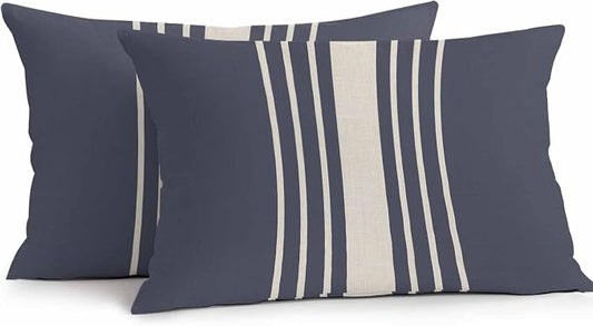 Vandarllin Outdoor Throw Pillows Covers 20x12 inch Set of 2 Waterproof Blue Vertical Stripes Decorative Zippered Cushion Covers for Patio Furniture, Classic Striped Linen Lumbar Pillowcases