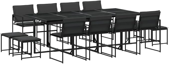 13 Piece Patio Dining Set with Cushions Black Textilene Outdoor Garden Furniture Table Seats Stackable for Backyard Al Fresco Dining Relaxing Tempered Glass Top