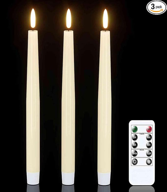 GenSwin Flameless Taper Candles with Remote Timer, Real Wax LED Flickering Candlesticks Battery Operated 3D Wick for Wedding, Party, Home(Ivory, 9.84", Set of 3)