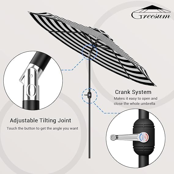 Greesum Patio Umbrella, Outdoor Table Umbrella with Push Button Tilt, Crank and 8 Sturdy Ribs