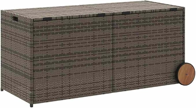 Garden Storage Box with Wheels, 283L PE Rattan Patio Storage Box Grey, Height Adjustable Outdoor for Cushions and Blankets