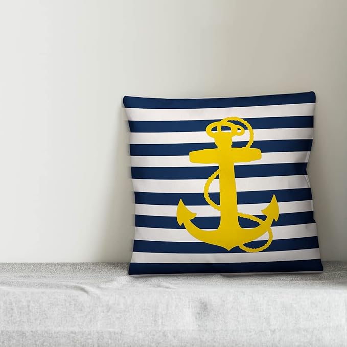 Yellow Anchor Indoor/Outdoor Pillow | Decorative Pillows for Living Room Couch Bed Sofa Patio, Fluffy Soft Cushion | Water Resistant Blue, 18x18