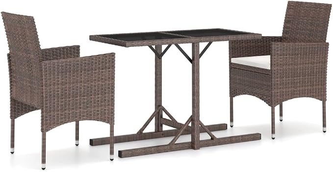 3 Piece Patio Dining Set Brown Cream White Poly Rattan Table 43.3" Glass Top Chairs with Cushions Powder-Coated Steel Frame Outdoor Bistro Set for Garden Balcony Small Spaces