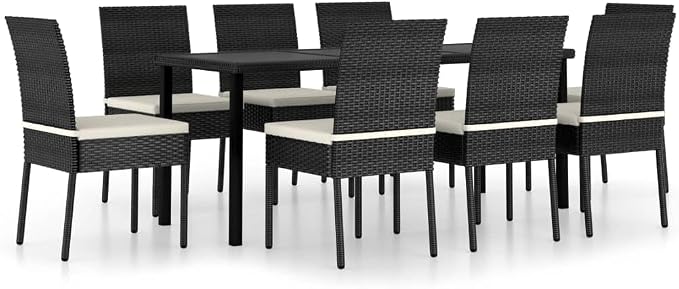 9 Piece Outdoor Patio Dining Set with 8 Chairs, Black Poly Rattan Wicker Table and Chairs for Garden, Backyard, Poolside, Tempered Glass Tabletop, Weather Resistant Furniture Set with Cream Cushions