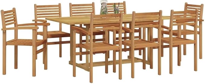 Afuera Living Contemporary Solid Teak Wood Garden Dining Set, Brown Finish, Weather-Resistant, Durable 8-Seater Patio Furniture with Spacious Table and Chairs, Modern Style for Outdoor Dining or
