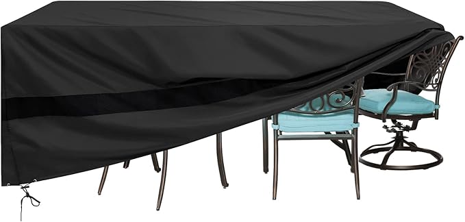SunPatio Patio Furniture Covers Waterproof, Rectangular Table and Chairs Set Cover, Outdoor Furniture Set Cover with Drawstrings and Taped Seams, All Weather Protection, 110"W x 80"D x 30"H, Black