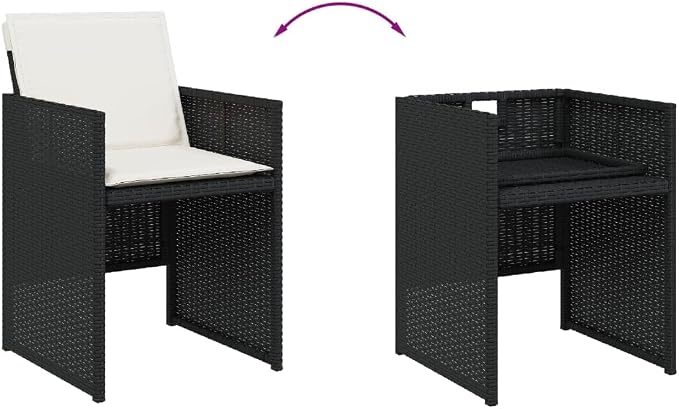7 Piece Patio Dining Set with Cushions Black Poly Rattan Outdoor Garden Furniture Table and 6 Chairs for Backyard Deck Poolside Dining Folding Space Saving Comfortable Seating Acacia Wood Top