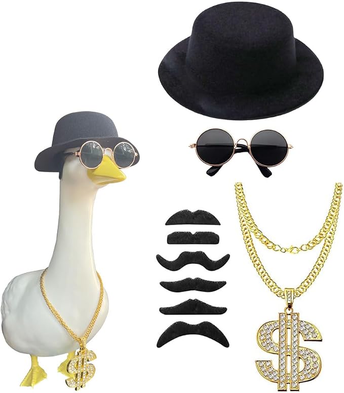 9pcs Goose Outfit,Porch Goose Outfits,Lawn Goose Statue Costume,for 17"/23" Statue Patio Lawn Garden Decoration,with Gold Chain Collar and Sunglasses(Hiphop-A)