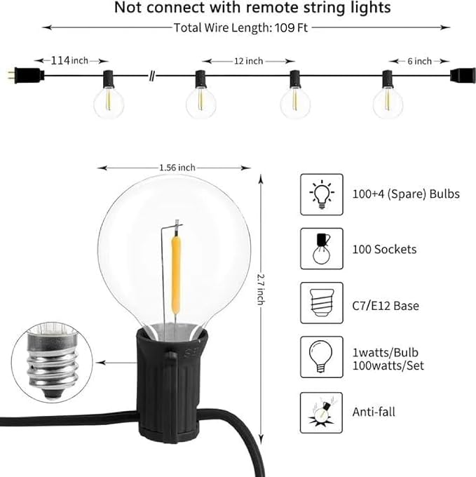 LED G40 Outdoor String Lights Patio Lights 109FT with 104 LED Shatterproof Bulbs, Weatherproof Commercial Hanging Lights for Backyard Bistro Pergola Party Decor, E12 Socket Base, 2200K, Black
