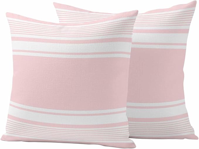 Outdoor Waterproof Throw Pillow Covers, Pink Striped Decorative Pillow Cases, Modern Color Block Farmhouse Stripes Couch Pillow Protector Patio Sofa Cushion Covers Replacement 18"x18" 2 Pack