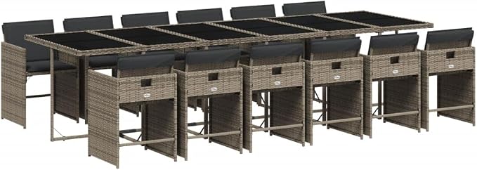 13 Piece Patio Dining Set with Cushions Gray Poly Rattan Outdoor Table and 12 Chairs for Garden Backyard Deck Entertaining, Tempered Glass Top, Foldable Seats, Removable Covers