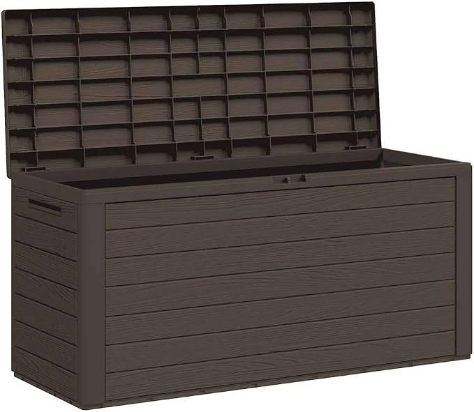 76 Gallon Deck Box Brown Polypropylene Outdoor Storage Box 45.7x45.7x21.7 in All Weather Patio Storage Chest for Cushions Tools Poolside Garden Balcony