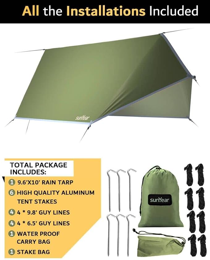 Sunyear Camping Hammock with Rain Fly and Net - Outdoor Hammock Accessories-Hammock Tent for Outside-Keep Side Wind&Rain-Large and Heavy Duty