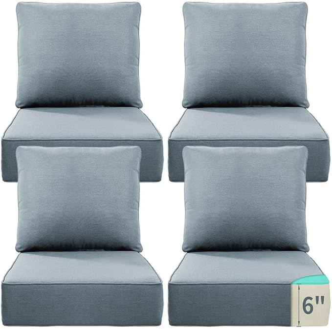 Luxury 22*24*6in Outdoor Patio Cushions, 4 Pieces Sky Blue Outdoor Cushion | 6'' Thick Outdoor Cushions, Water-Resistant, Reversible, Removable Cover, for Patio Chairs Sofa Couch Loveseat