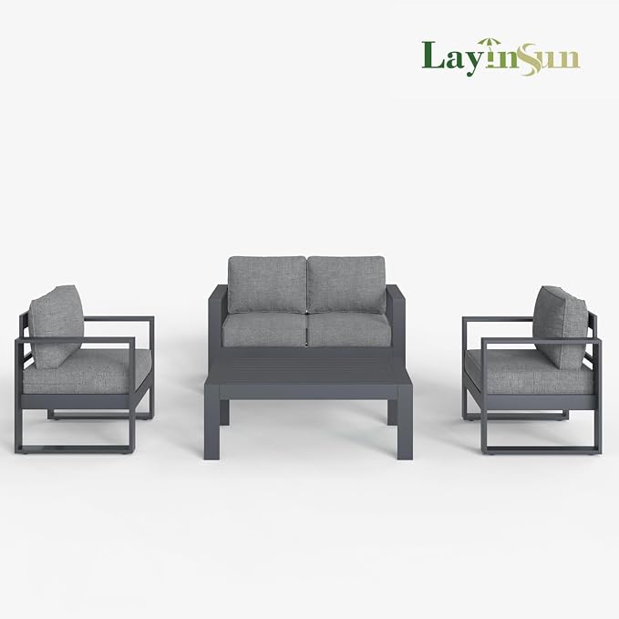 LayinSun 4 Pieces Aluminum Outdoor Patio Furniture Set, Metal Modern Conversation Sofa Set with Coffee Table and Washable Thick Cushions for Porch, Backyard, Deck