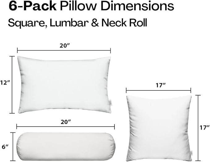 RSH DECOR: 6-Pack Pillow Set | Sunbrella Performance Fabric |Water & Fade-Resistant| 17" Square, 20"x12" Lumbar, 20"x6" Neck Roll | Outdoor Pillows for Patio | Made in USA (Sparkle Navy Denim)