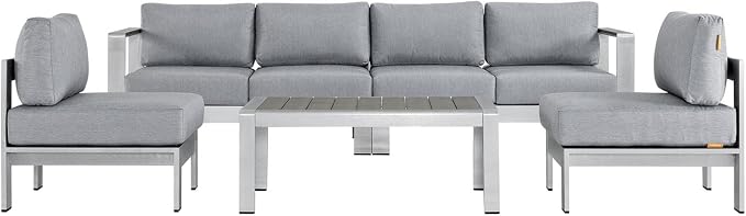 Modway Shore 5-Piece Aluminum Outdoor Patio Sectional Sofa Set in Silver Gray
