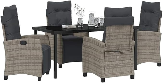 Afuera Living 5 Piece Poly Rattan Garden Dining Set, Gray Woven Texture, Steel Frame, Glass Top Table, Cushioned Chairs with Multi-Position Backrest, Modern Outdoor Furniture for Patio or Garden