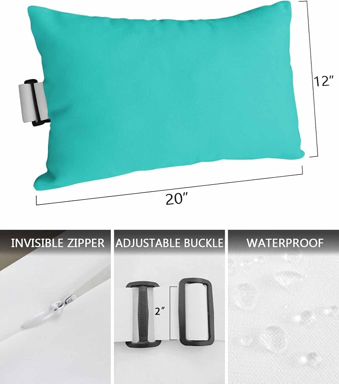 Outdoor Waterproof Lumbar Pillow Aqua Green Waterproof Headrest Pillow Lumbar Pillows with Insert & Adjustable Elastic Strap Simple Style Pillows for Patio Beach Pool Chaise Chair 1 Pack 12x20 inch