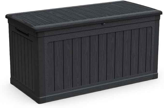 Large Outdoor Storage Deck Box for Patio Furniture, Cushions, Garden Tools and Sports Equipment – Weather-Resistant Resin with Secure Lid (Black + Plastic)