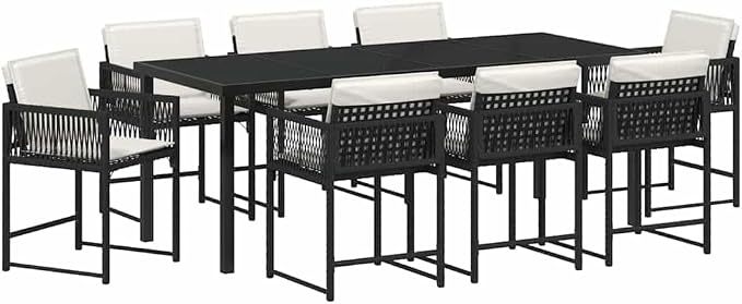 9-Piece Outdoor Garden Dining Set, Black Poly Rattan Patio Furniture with Glass Top Table and 8 Comfortable Chairs, Weather-Resistant Backyard Seating