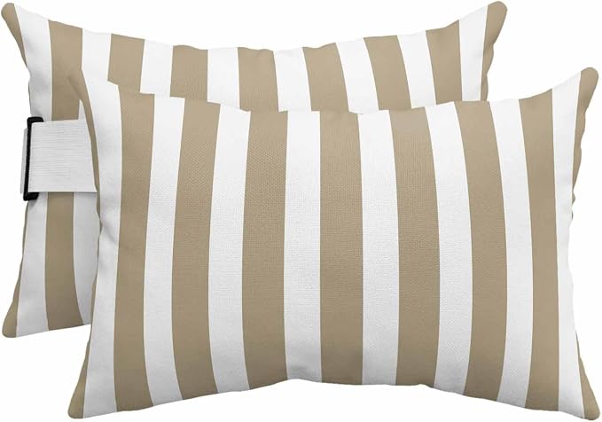 Beige Striped Outdoor Chaise Lounge Head Pillow with Insert,Modern Farmhouse Beige White Stripes Waterproof Headrest Lumbar Pillow Cusion Cover with Elastic Strap for Patio Beach Recliner,11"x16" 2PCS