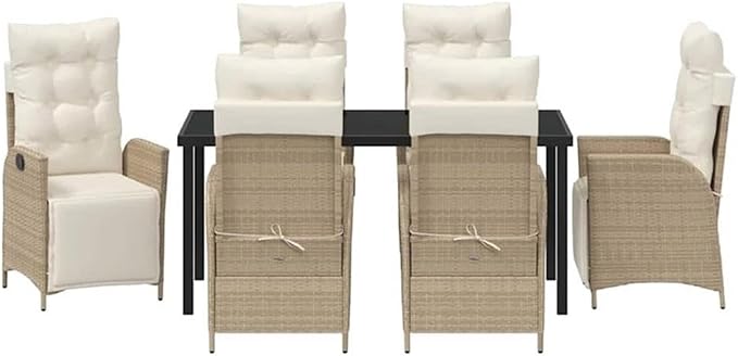 Afuera Living 7 Piece Poly Rattan Patio Dining Set, Cushions in Beige, Rectangular Table with Tempered Glass Top, Adjustable Footrests, Steel Frame, Seating for 6, Outdoor Garden or Backyard Dining