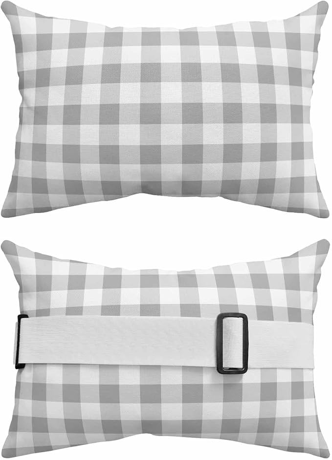 Pack of 4 Outdoor Lumbar Pillow Covers 12x20 Inch, Grey Plaid Waterproof Throw Pillow Covers Set, Gradient Geometric Buffalo White Checkered Indoor&Outdoor Cushion Cases for Patio Porch Beach